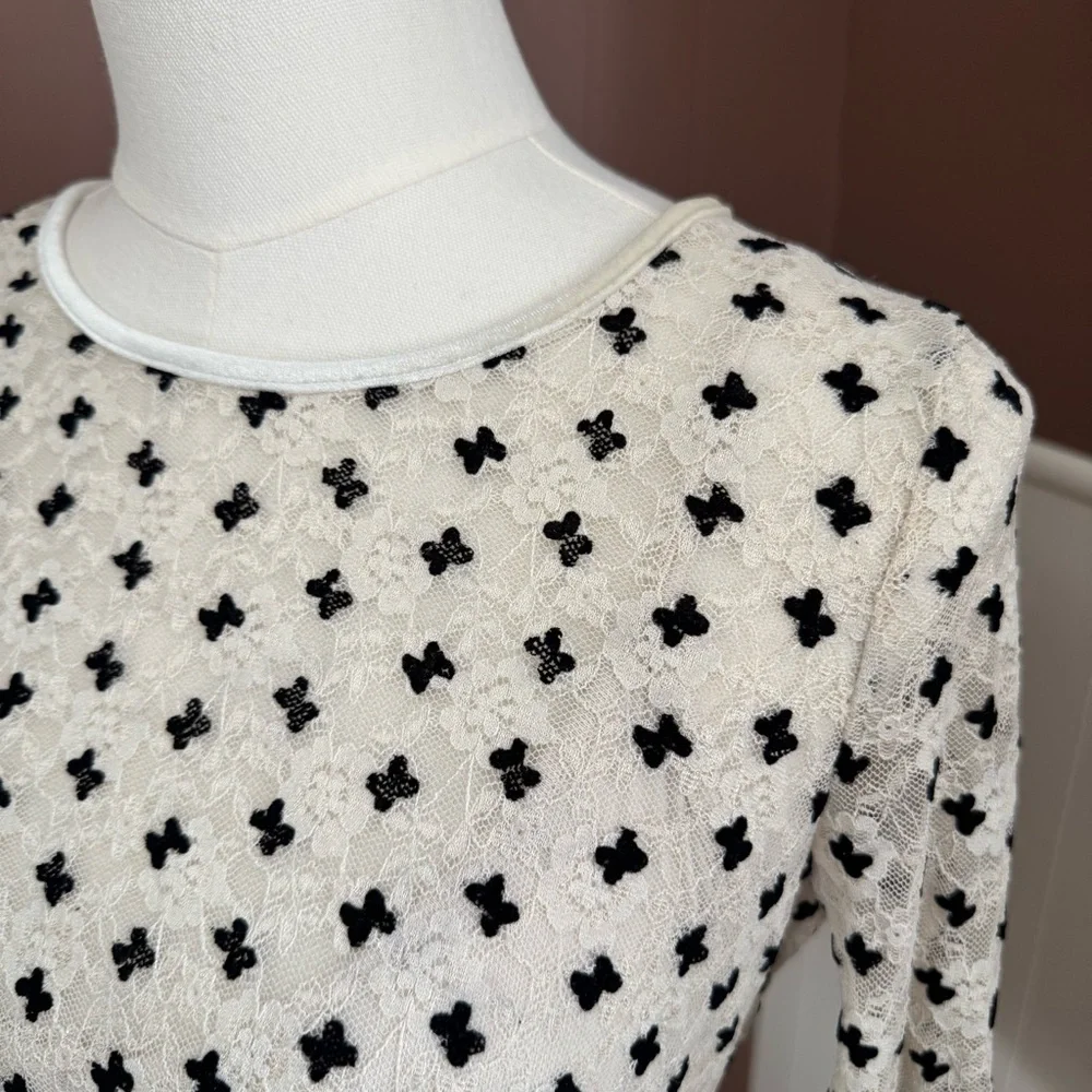 Free People Cream Long Sleeve Mini Dress with Black Dot Print